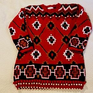 Unique Hand Knit Heavy Cotton Ramie Ugly Christmas Sweater w. Wooden Beads